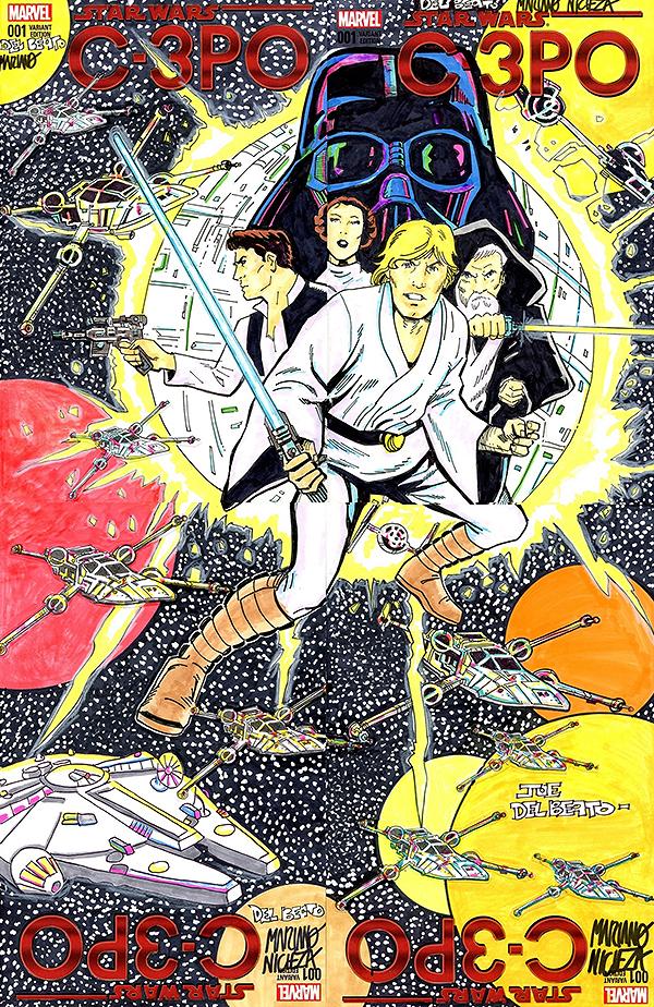 Df Marvel Comics Commissioned Cover Art Four Piece Blank Variant Connecting Set  Signed And Remarked By Mariano Nicieza And Joe Delbeato With A Classic Star Wars #1 cover