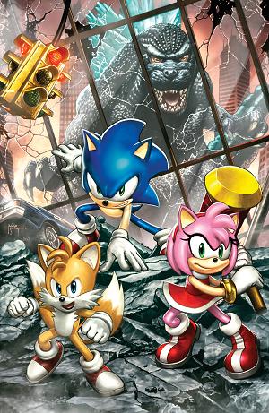Sonic The Hedgehog X Godzilla #1 Variant RI (75) (Suayan Full Art) [1:75] cover