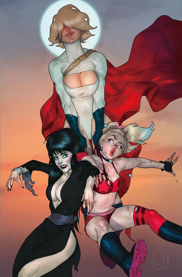 Harley Quinn X Elvira #3 variant cover by Ben Caldwell